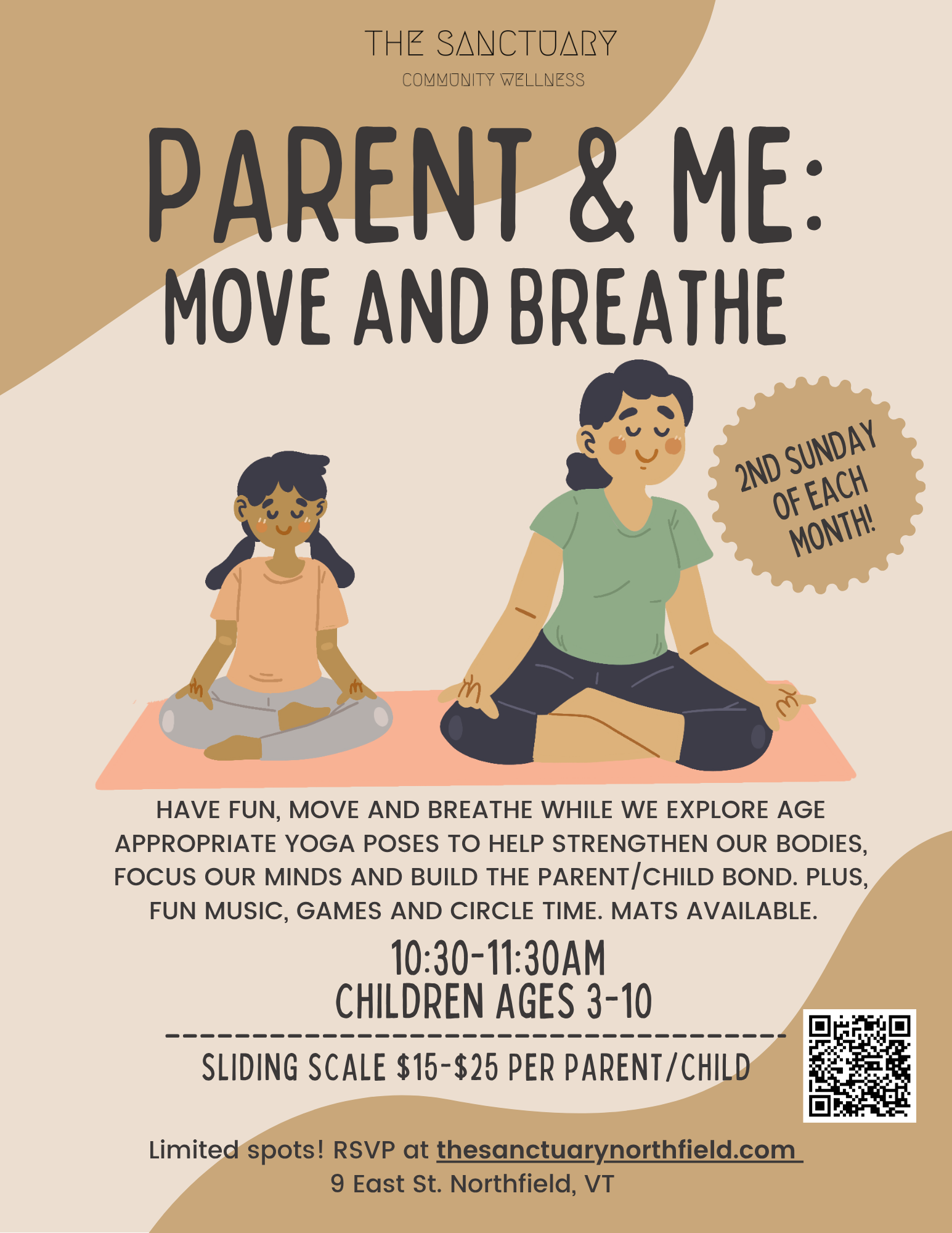 Flyer for a yoga class titled 'Parent & Me: Move and Breathe,' held on the 2nd Sunday of each month from 10:30 to 11:30 AM at The Sanctuary Community Wellness in Northfield, Vermont. Features illustrations of a woman and a child practicing yoga, with