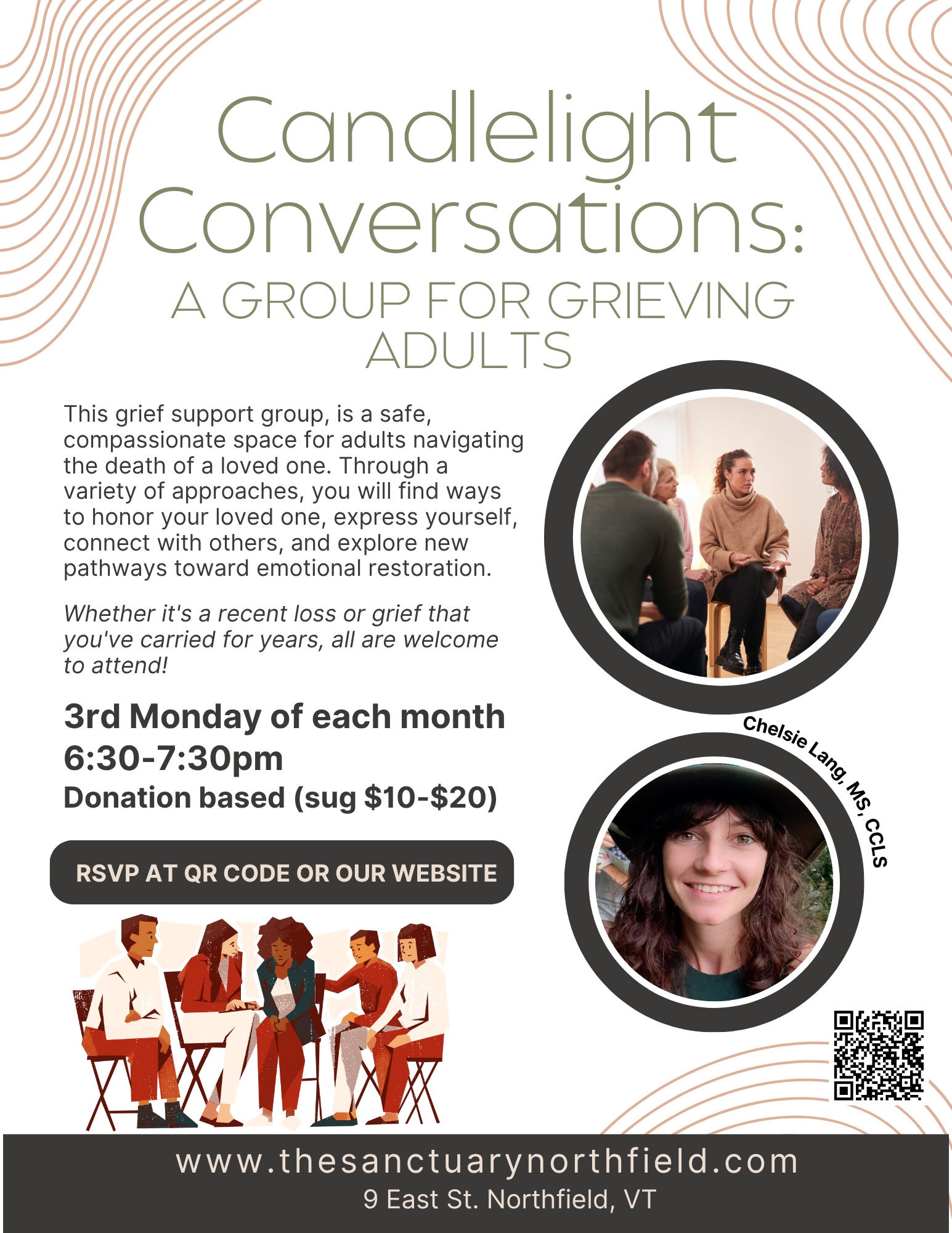 Flyer for Candlelight Conversations grief support group held on the 3rd Monday of each month from 6:30 to 7:30 PM with images of group discussions, a cartoon group of diverse adults sitting together, and a QR code to register.