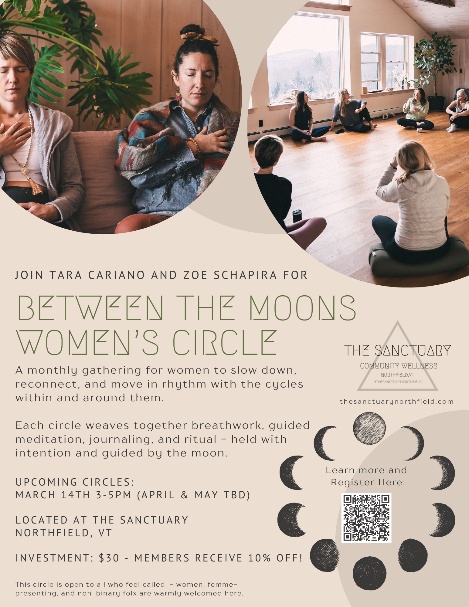Flyer for a women's circle event with images of women meditating and a group sitting on the floor.