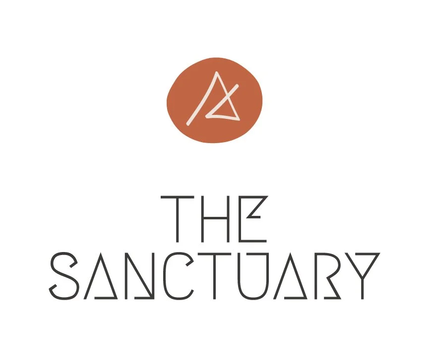 Logo with a circular brown icon featuring white abstract lines, and black text reading "The Sanctuary" in a modern, minimalist font.