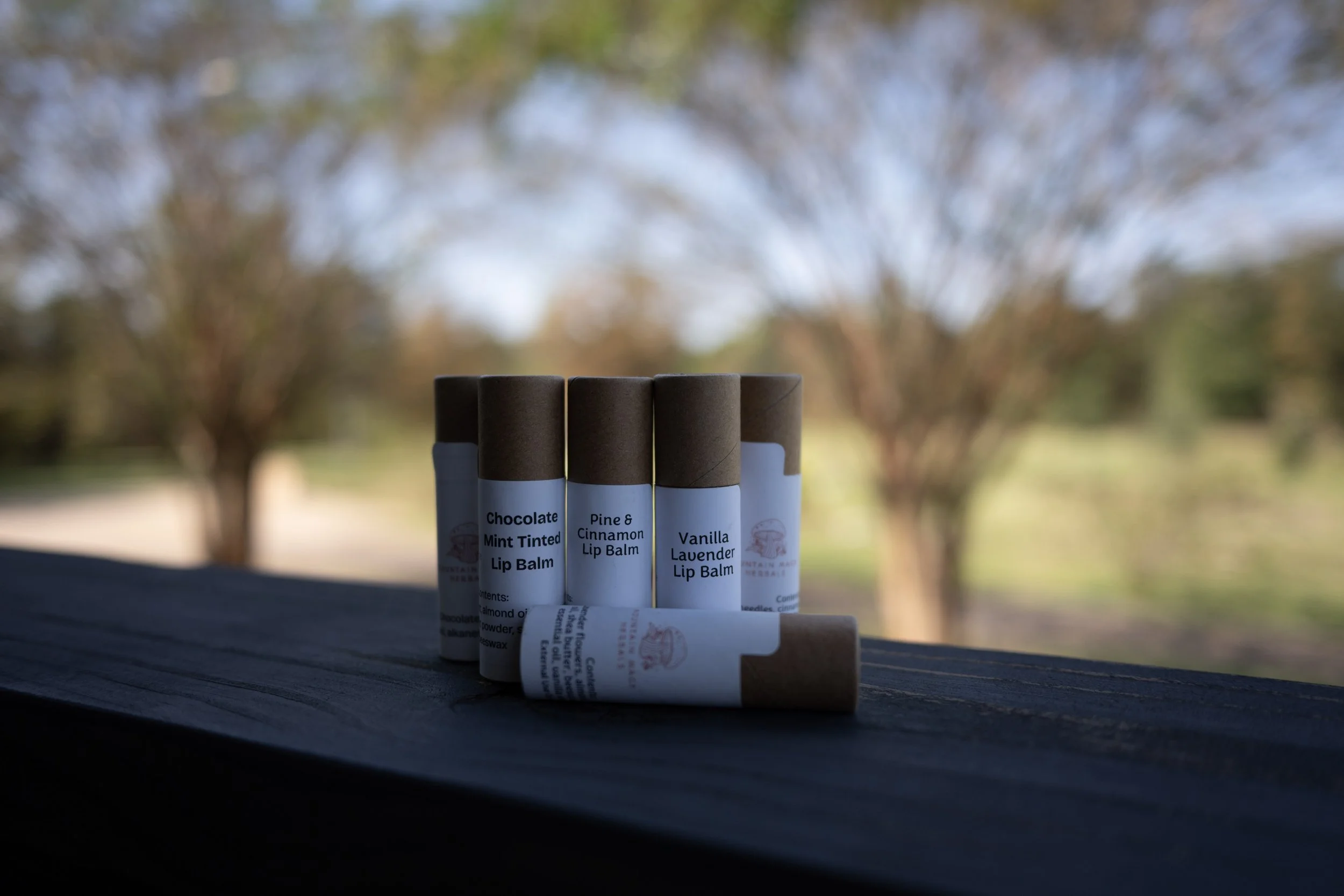 Four lip balm tubes with labels reading 'Chocolate Mint Tinted Lip Balm', 'Pine & Cinnamon Lip Balm', 'Vanilla Lavender Lip Balm', and one with partially visible text, standing upright on a black surface outdoors with blurred trees and sky in the background.