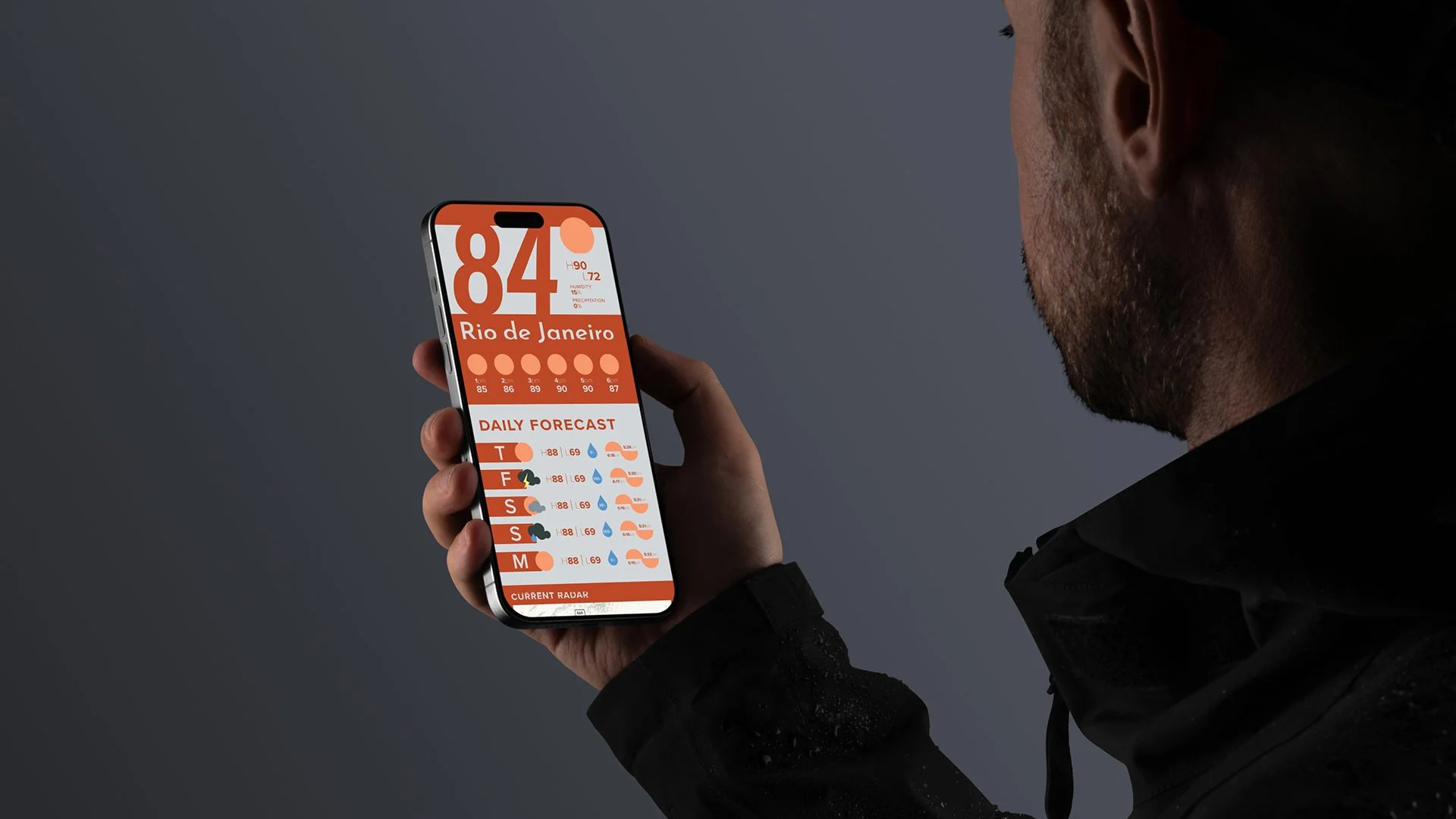 Man using weather app on iPhone.