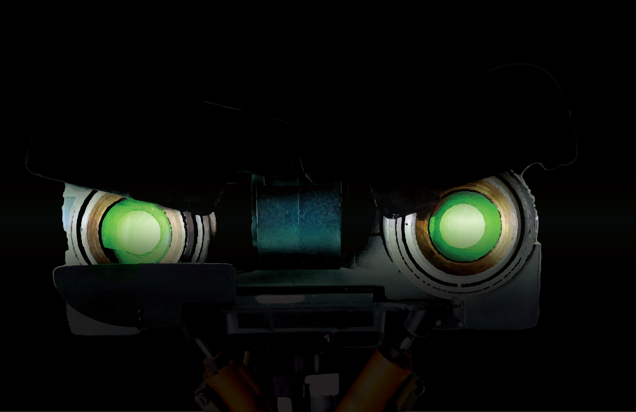 Angry robot with glowing green eyes