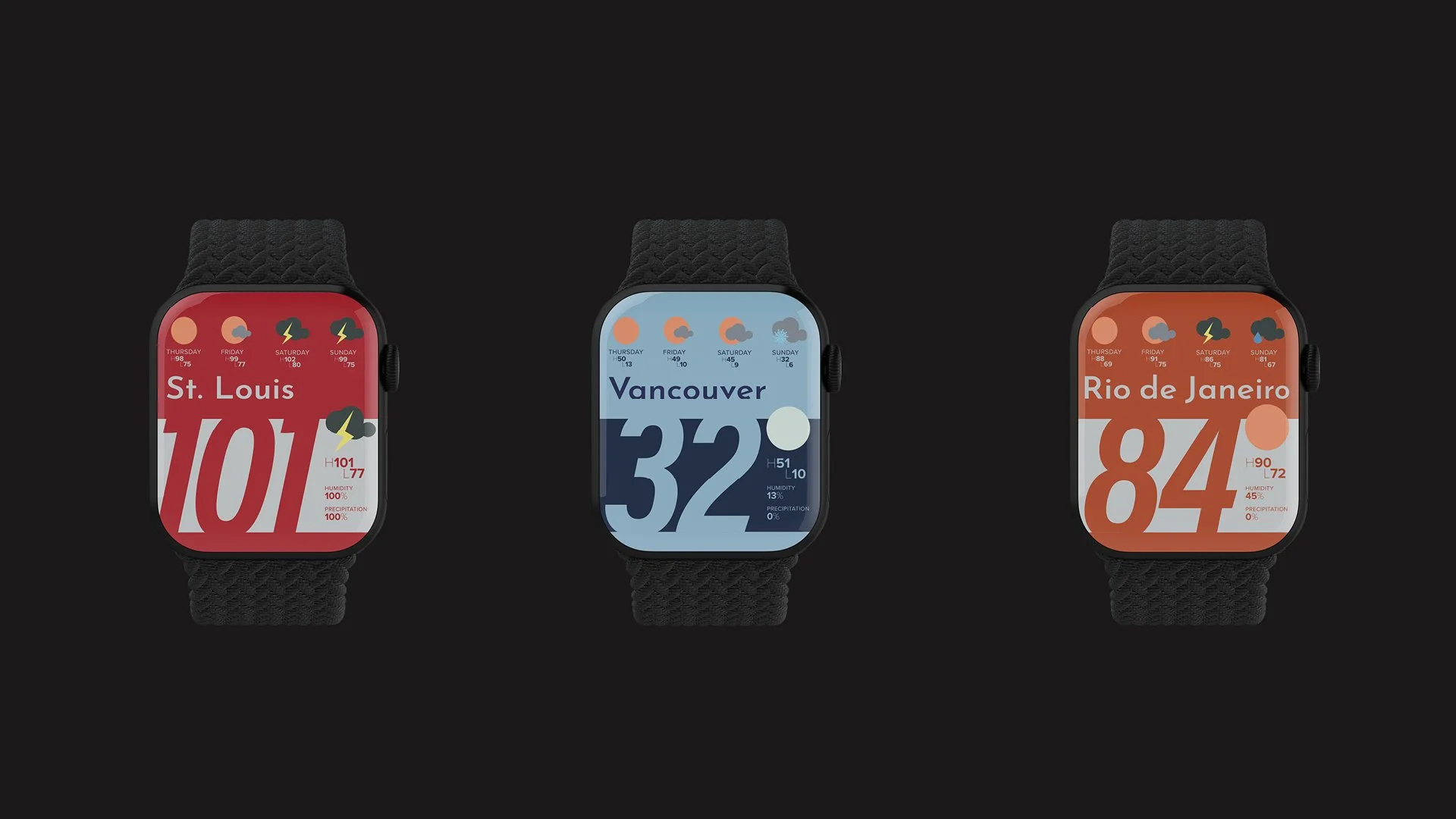 Weather App on three Apple Watches.