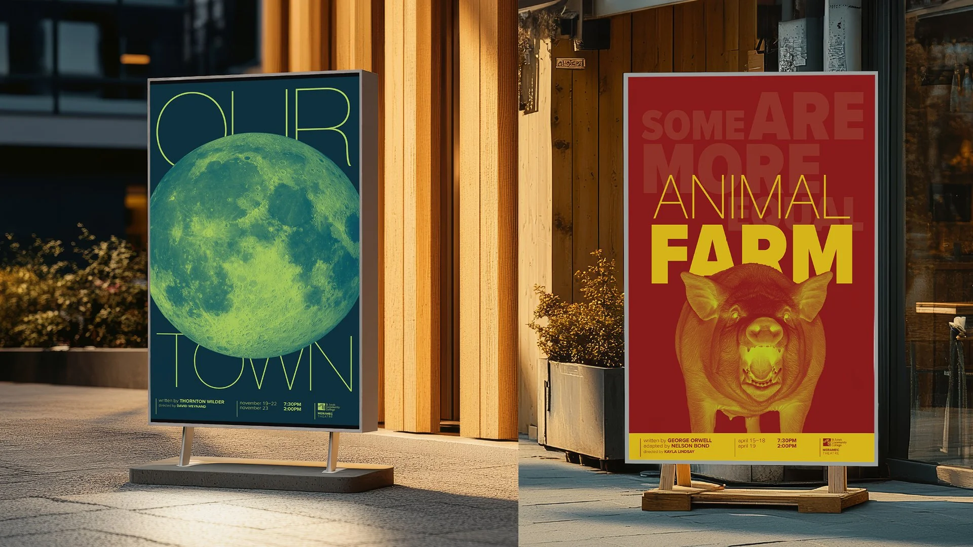 Our Town and Animal Farm outside displays.