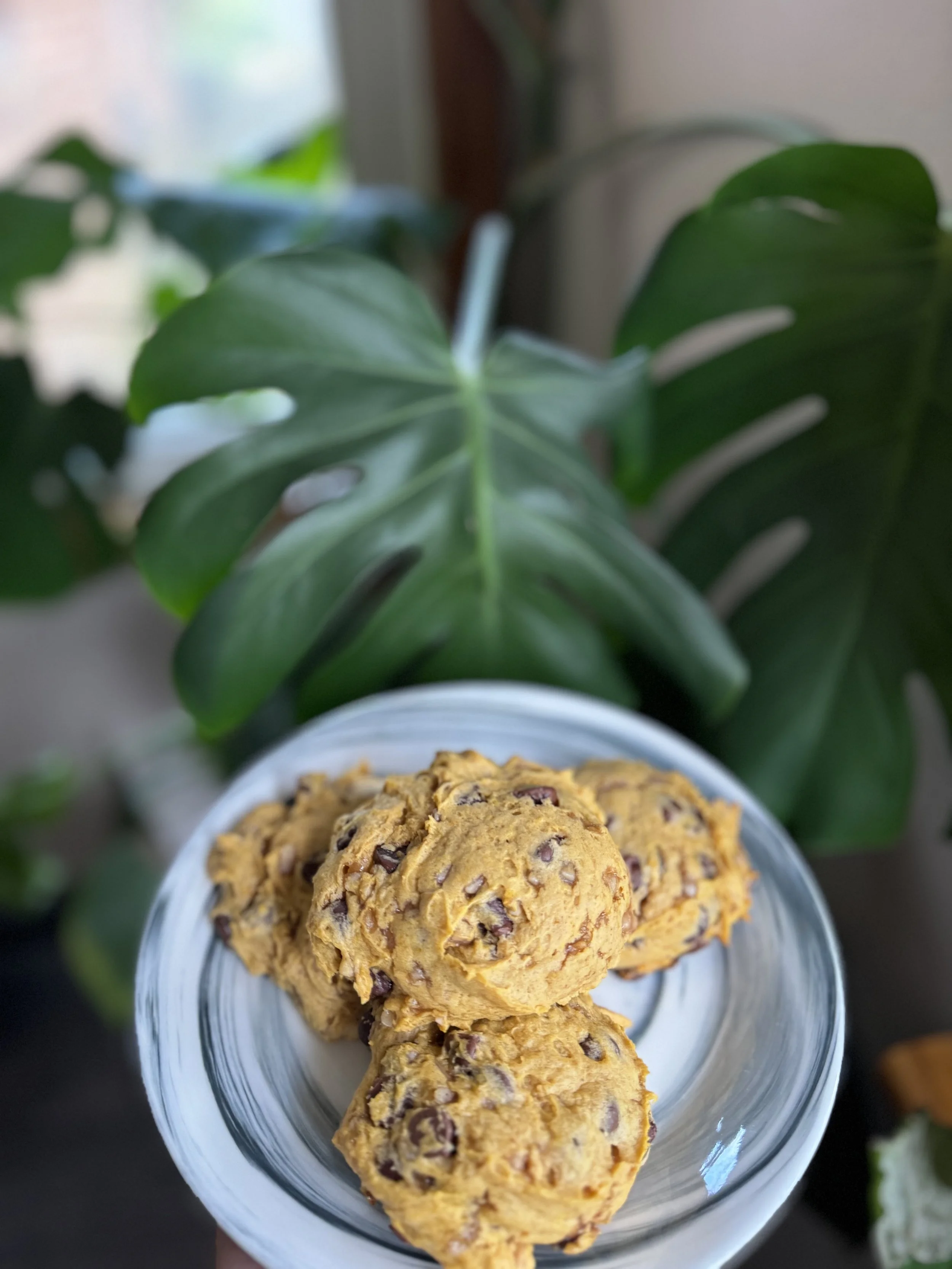 Plate of homemade brown butter toffee chip cookies captured at Pay10's Place.