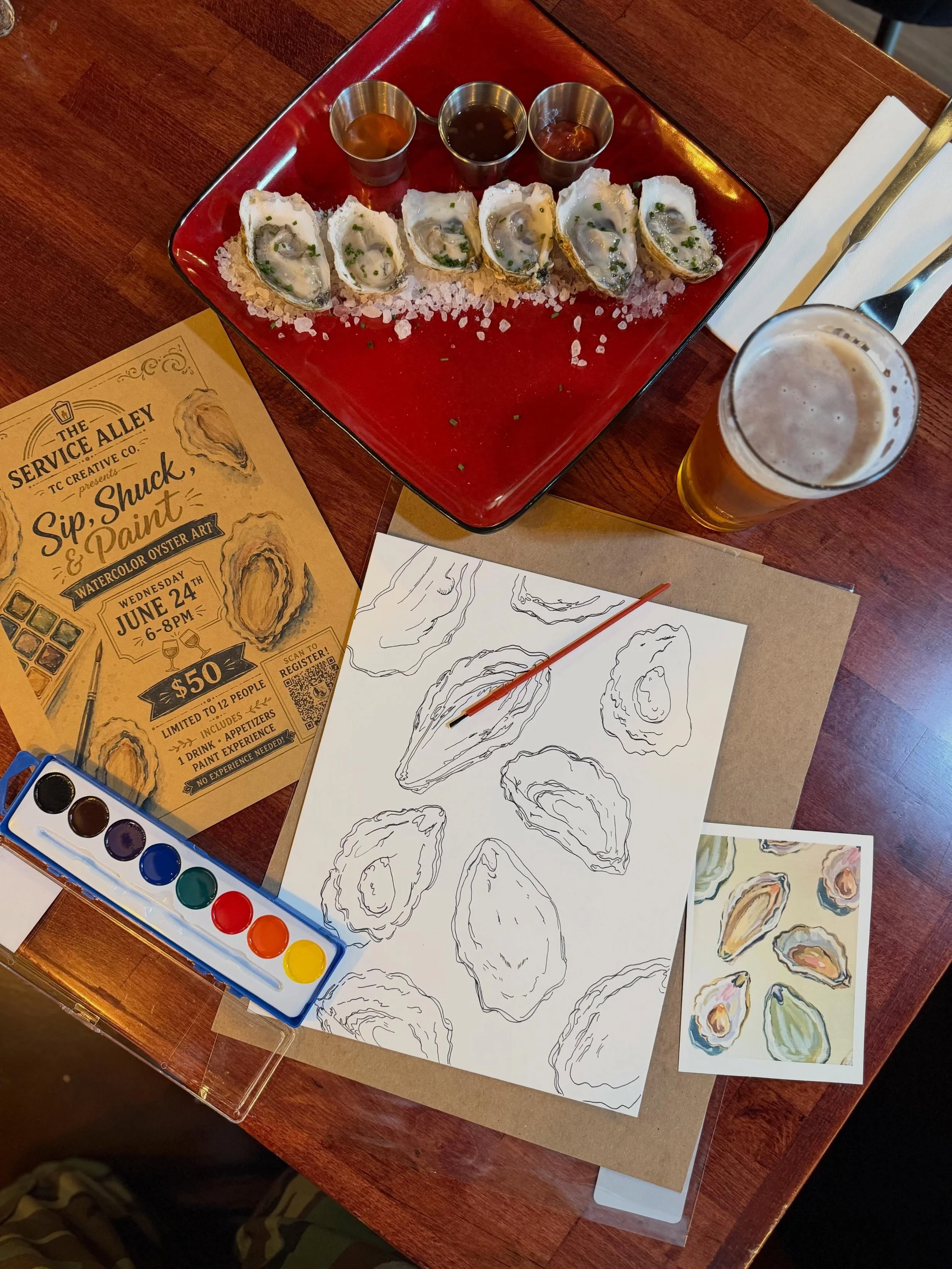 A coastal paint &amp; pairing experience is coming to @the_service_alley_vb &hellip; 🦪🎨🍻

TC Creative Co. | @soulsurfer.snow presents:
Sip, Shuck, &amp; Paint

An intimate evening inspired by oysters, watercolor, good food, and creative connection