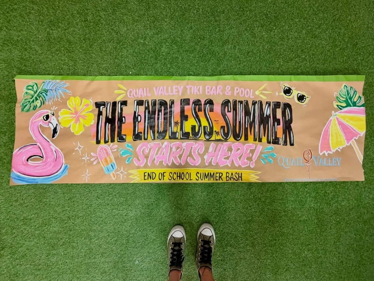 ☀️ THE ENDLESS SUMMER STARTS HERE! 🌴🎨

Had so much fun creating this custom hand-painted banner for @quailvalleygolfclub End of School Summer Bash! From the vintage surf-inspired lettering to the bright tropical colors, every detail was designed to