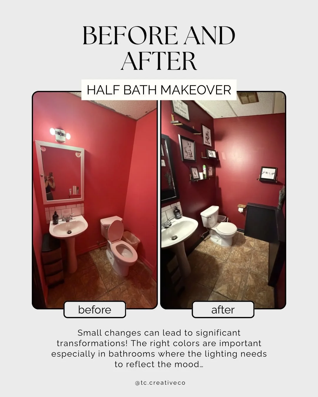 This bathroom had an identity crisis.

It started as a bright pink box with a toilet. The wall color was harsh on your skin tone when looking in the mirror.

Now?

It&rsquo;s the kind of bathroom people disappear into for ten minutes and come back sa