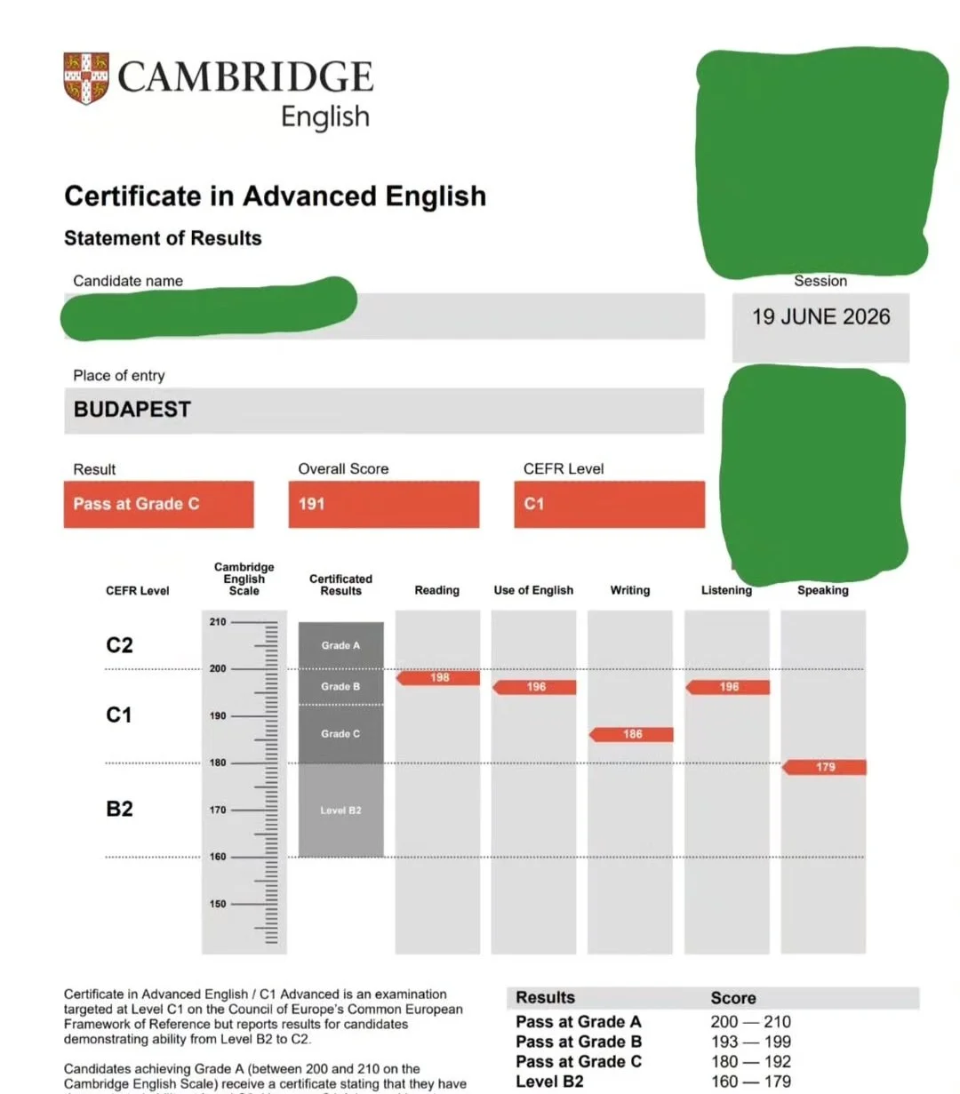 Egy újabb sikeres Cambridge Advanced nyelvvizsga! :)