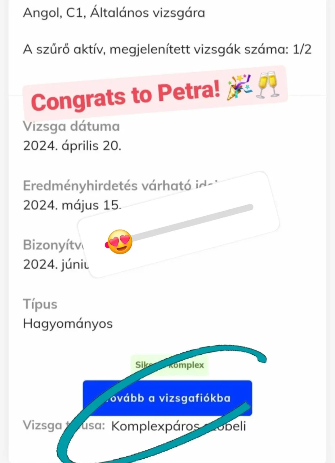 Petrától ezt a képet kaptam: meglett az angol C1! :)