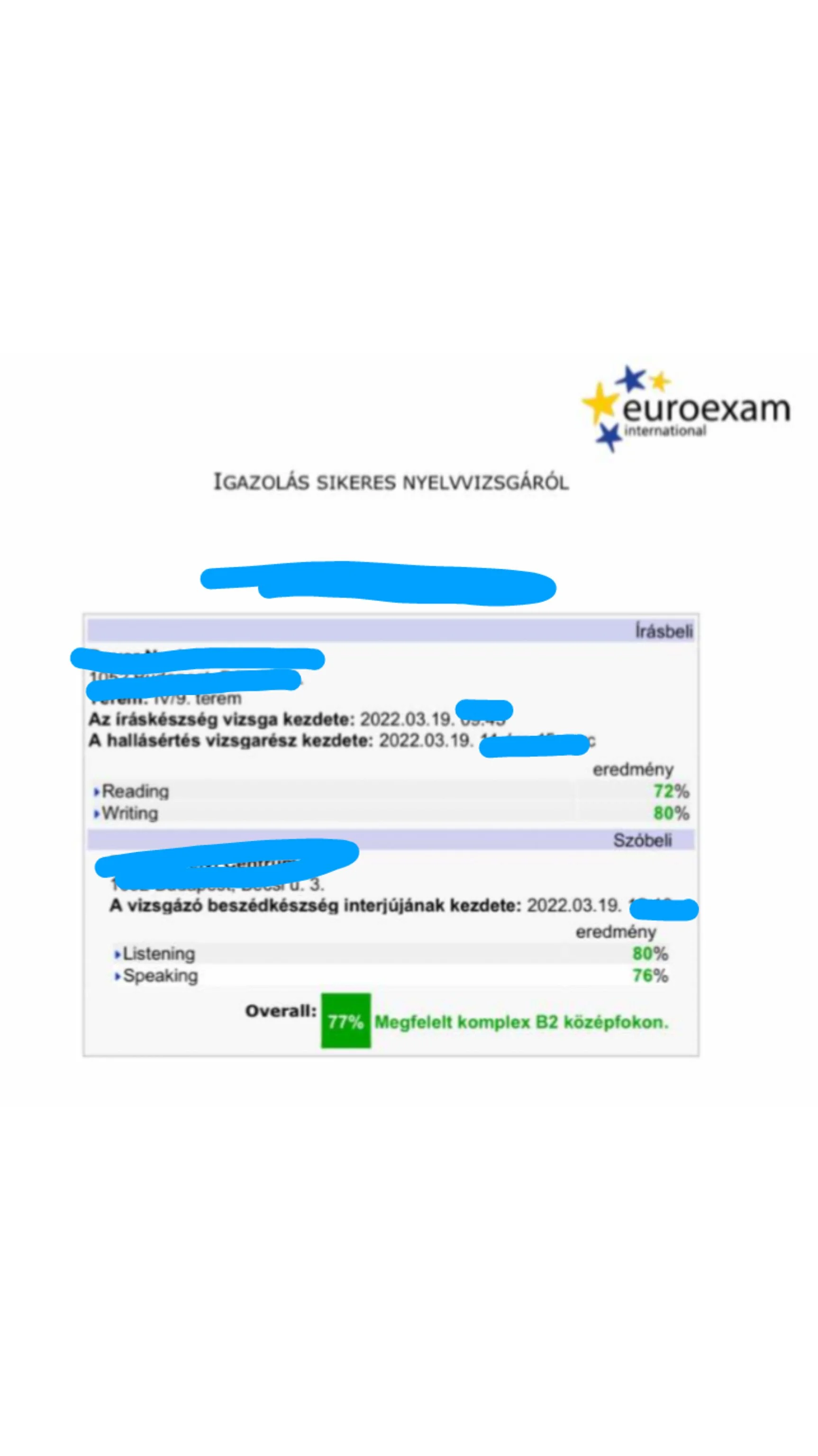 Zsófi sikeres Euroexam vizsgája, aki azóta Bécsben és Portugáliában szárnyal, és közgazdaságtant tanult (részben angolul is).