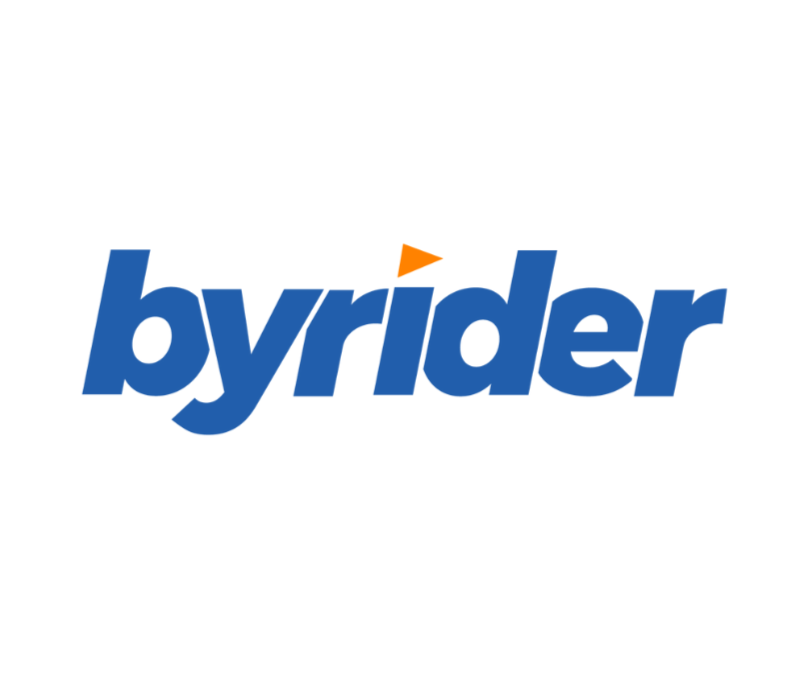 The Byrider logo featuring blue lowercase text with an orange arrow above the letter 'i'.