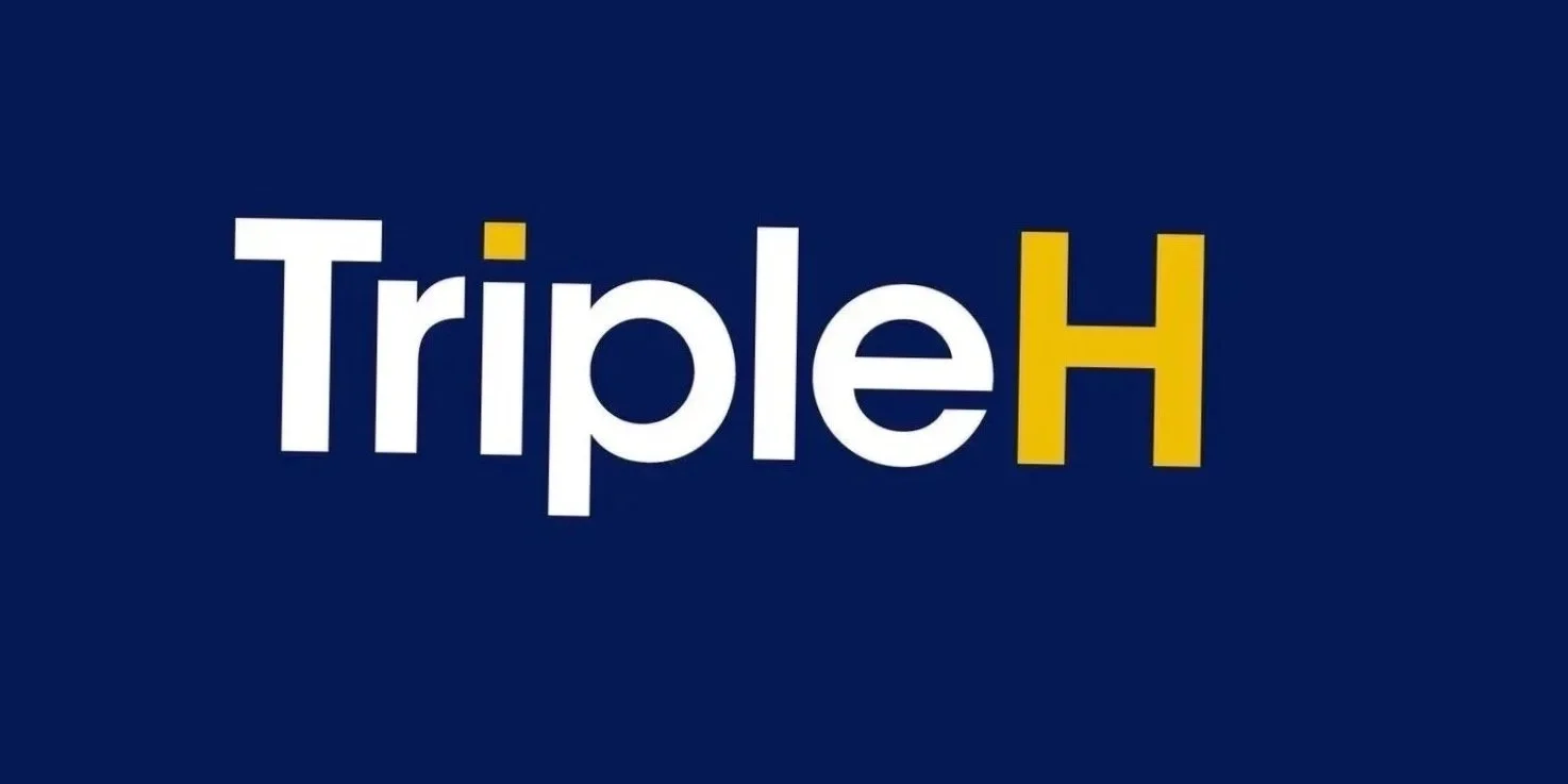 Text on a blue background reading 'Triple H' with 'H' in gold color.