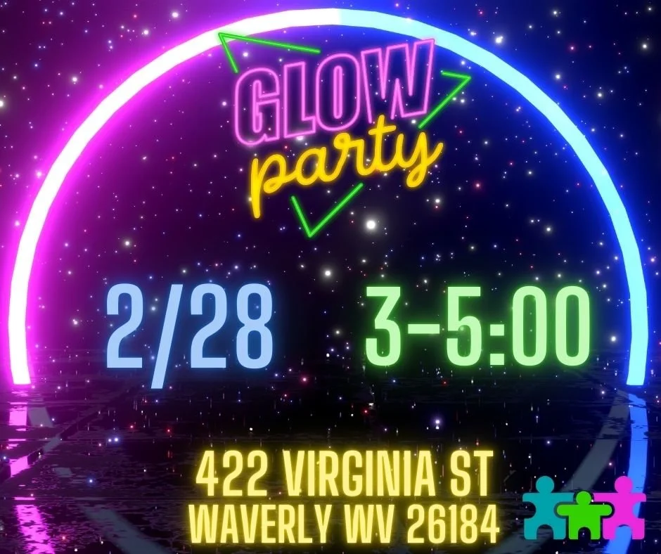 Neon glow party invitation with starry background, featuring event date February 28th, time 3 to 5 PM, and address 422 Virginia Street, Waverly, West Virginia, 26184. The neon text reads "Glow Party" and includes colorful puzzle piece icons.