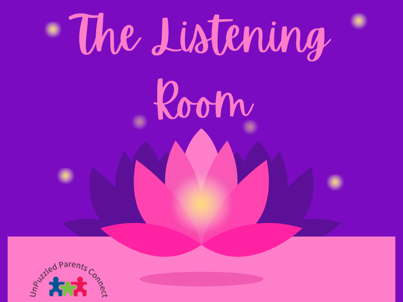 Purple background with yellow glowing dots, pink and purple lotus flower with glow, and pink text reading 'The Listening Room' at the top.