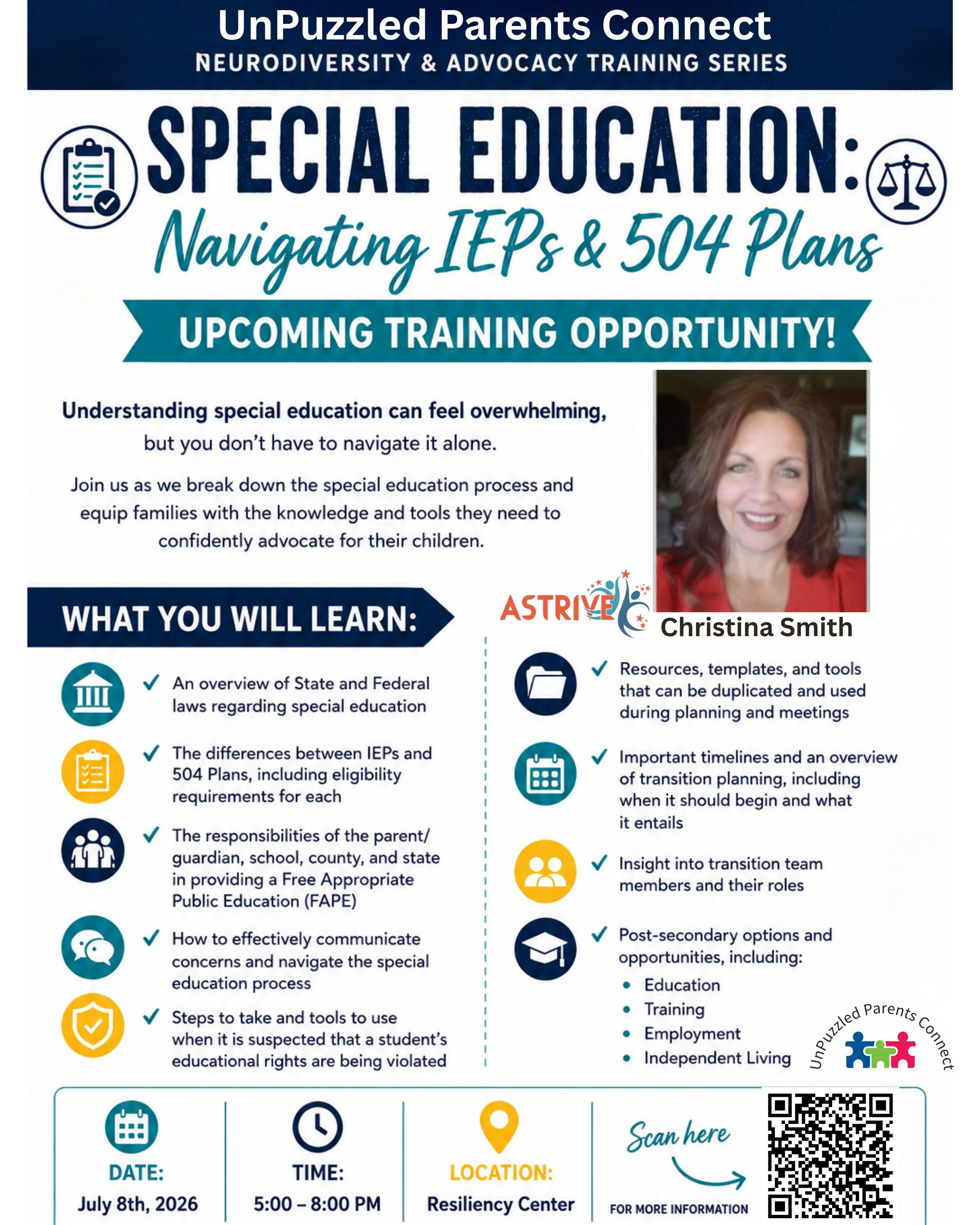 Flyer for UnPuzzled Parents Connect event about special education, navigating IEPs & 504 plans, with details about date, time, location, and a photo of a woman with curly hair named Christina Smith.