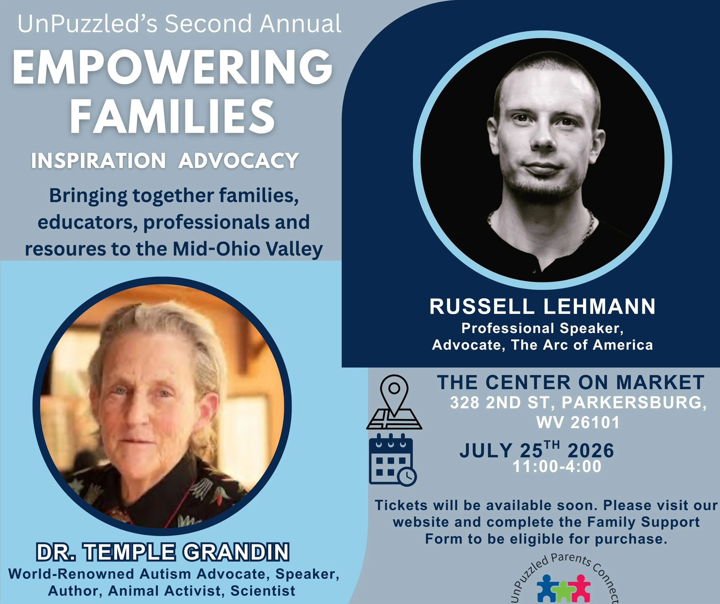 Flyer for UnPuzzled's Second Annual Empowering Families event featuring Dr. Temple Grandin and Russell Lehman with event details including date, time, location, and contact information.