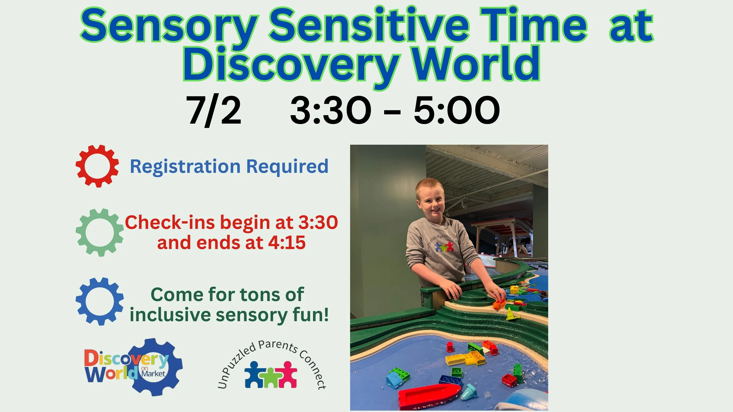 Flyer for an event titled 'Sensitive Playtime' with details about 'Unpuzzled Parents Connect' on February 5th from 2 to 5 PM, organized by Discovery World Market. The flyer has colorful puzzle pieces and playful design elements.