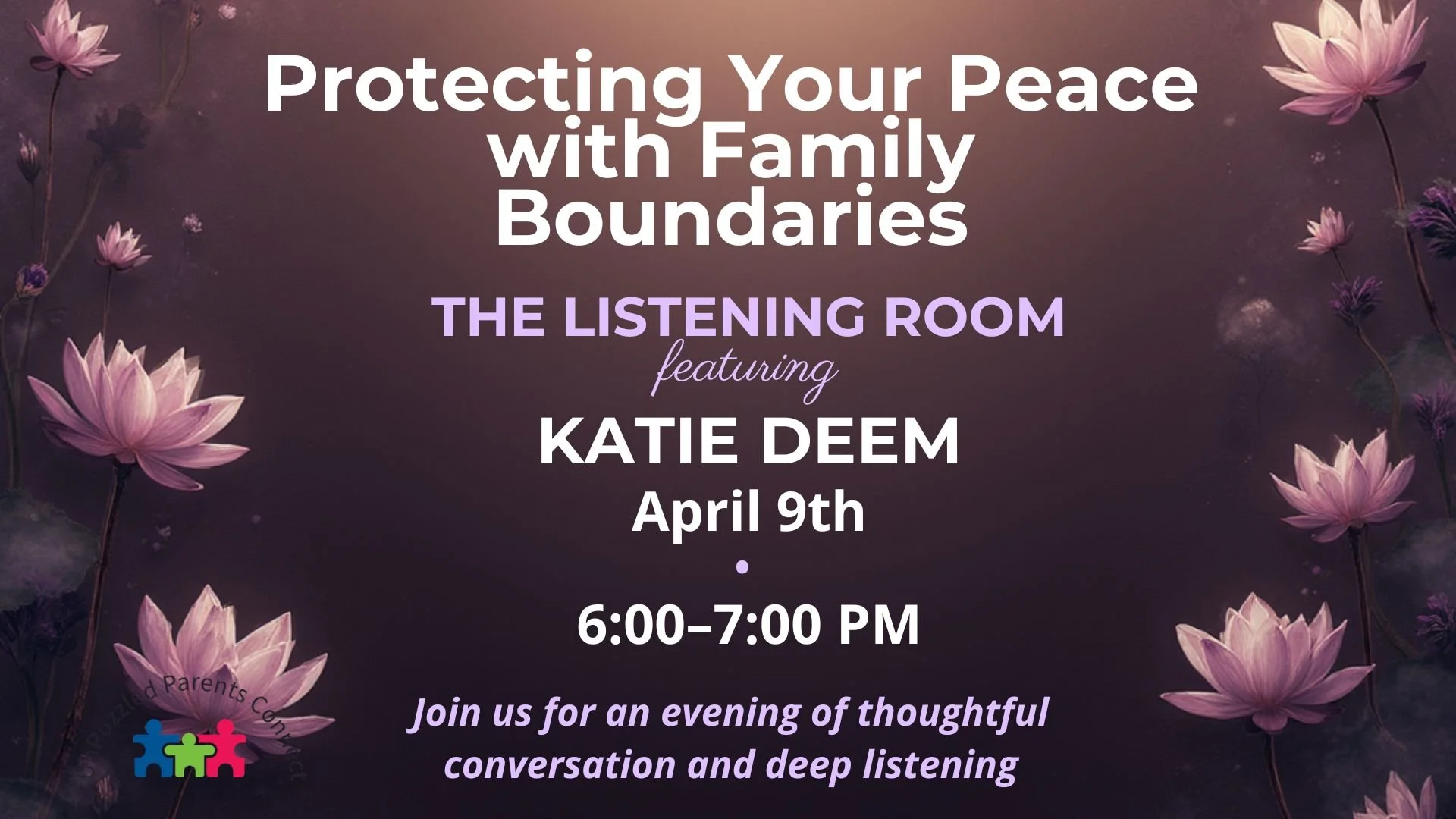 Event flyer for a support session titled "When Rest Isn't Enough" for caregivers, scheduled for January 30 from 1:00 to 2:00 PM via Zoom, hosted by UnPuzzled Parents Connect. The flyer features a soft beige background with a woman resting her head in her hand, and an illustration of a balanced stack of stones and leaves.