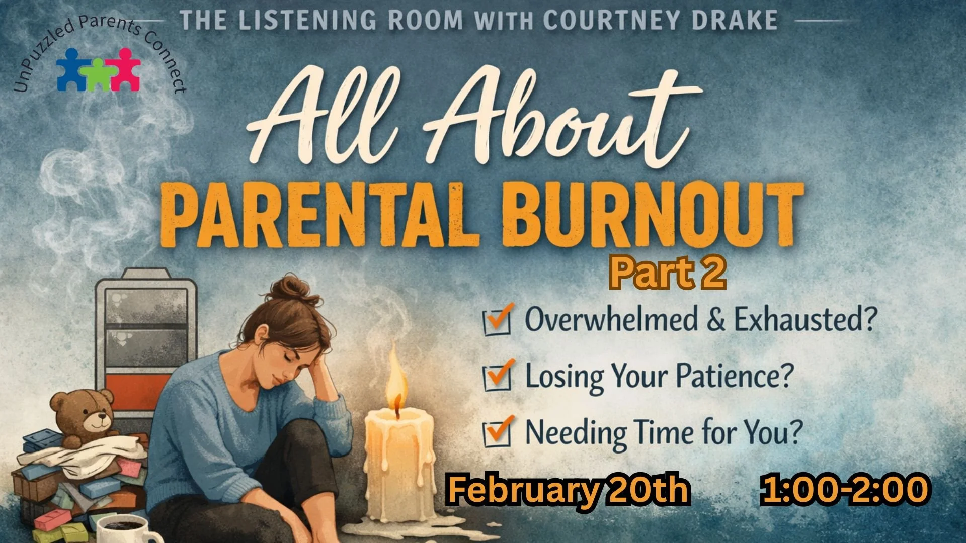 Event flyer for a support session titled "When Rest Isn't Enough" for caregivers, scheduled for January 30 from 1:00 to 2:00 PM via Zoom, hosted by UnPuzzled Parents Connect. The flyer features a soft beige background with a woman resting her head in her hand, and an illustration of a balanced stack of stones and leaves.