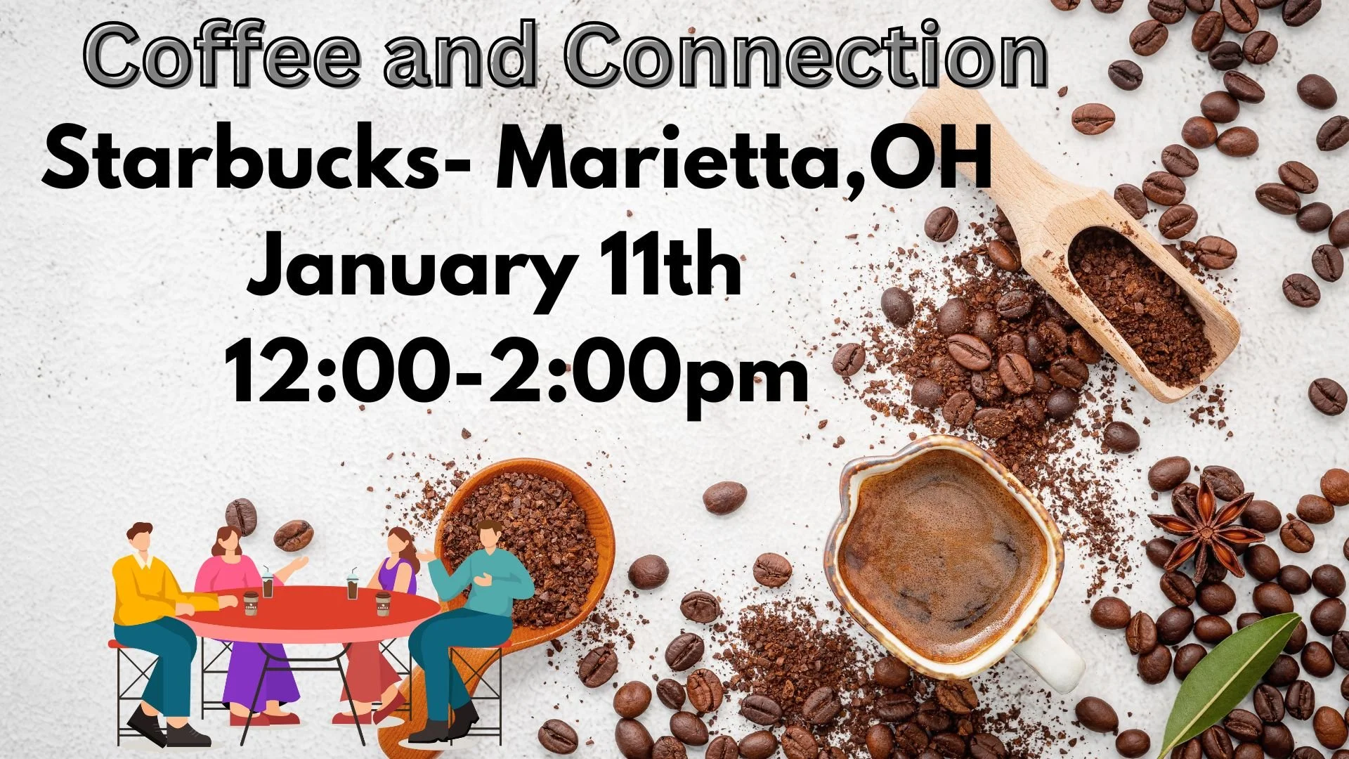 A woman in a vintage pop art style holding a coffee cup with event details for a coffee and connection event at Marietta Ohio from 12:00 to 2:00, featuring a colorful puzzle piece headband and red lipstick.