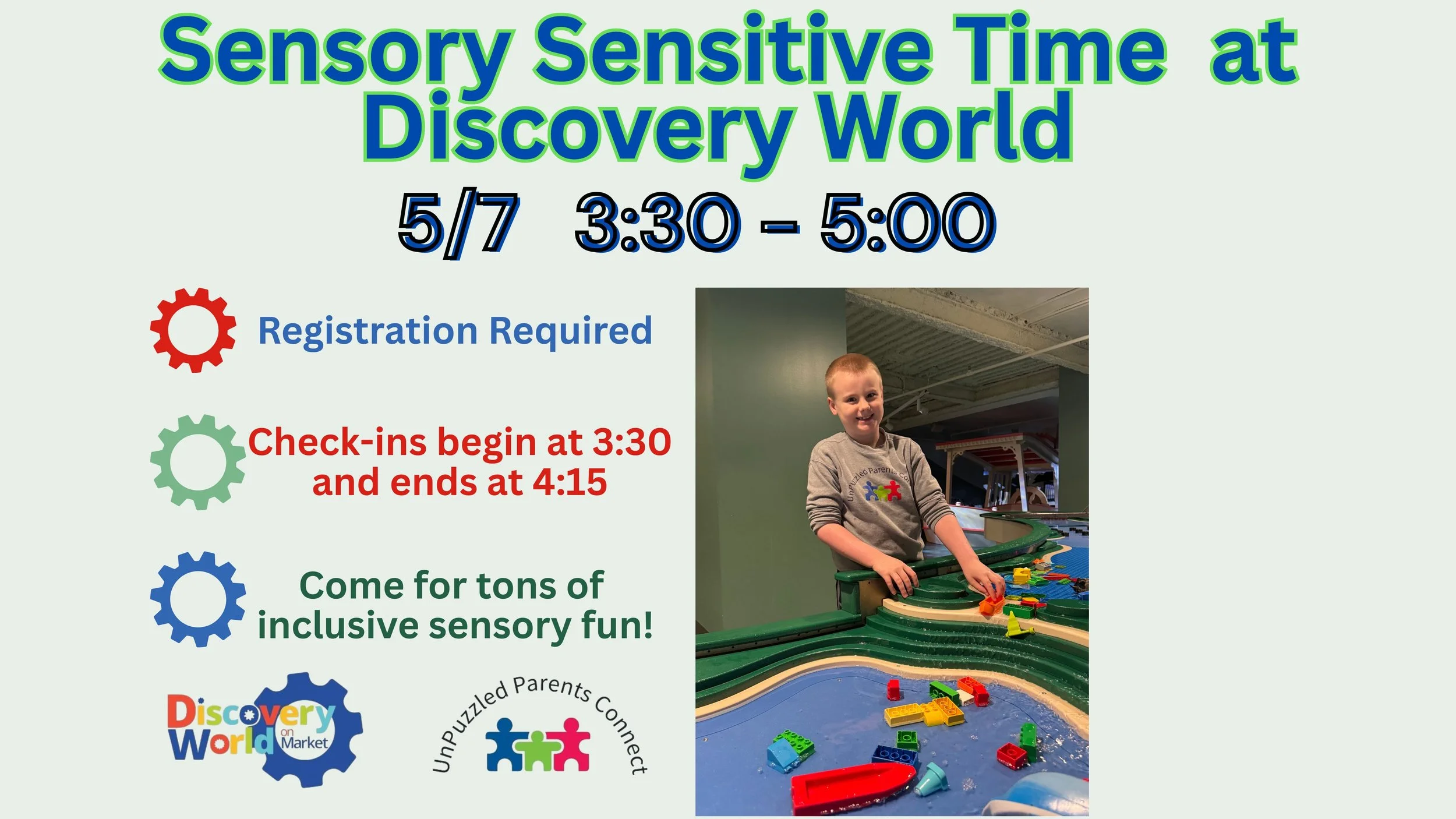 Flyer for an event titled 'Sensitive Playtime' with details about 'Unpuzzled Parents Connect' on February 5th from 2 to 5 PM, organized by Discovery World Market. The flyer has colorful puzzle pieces and playful design elements.