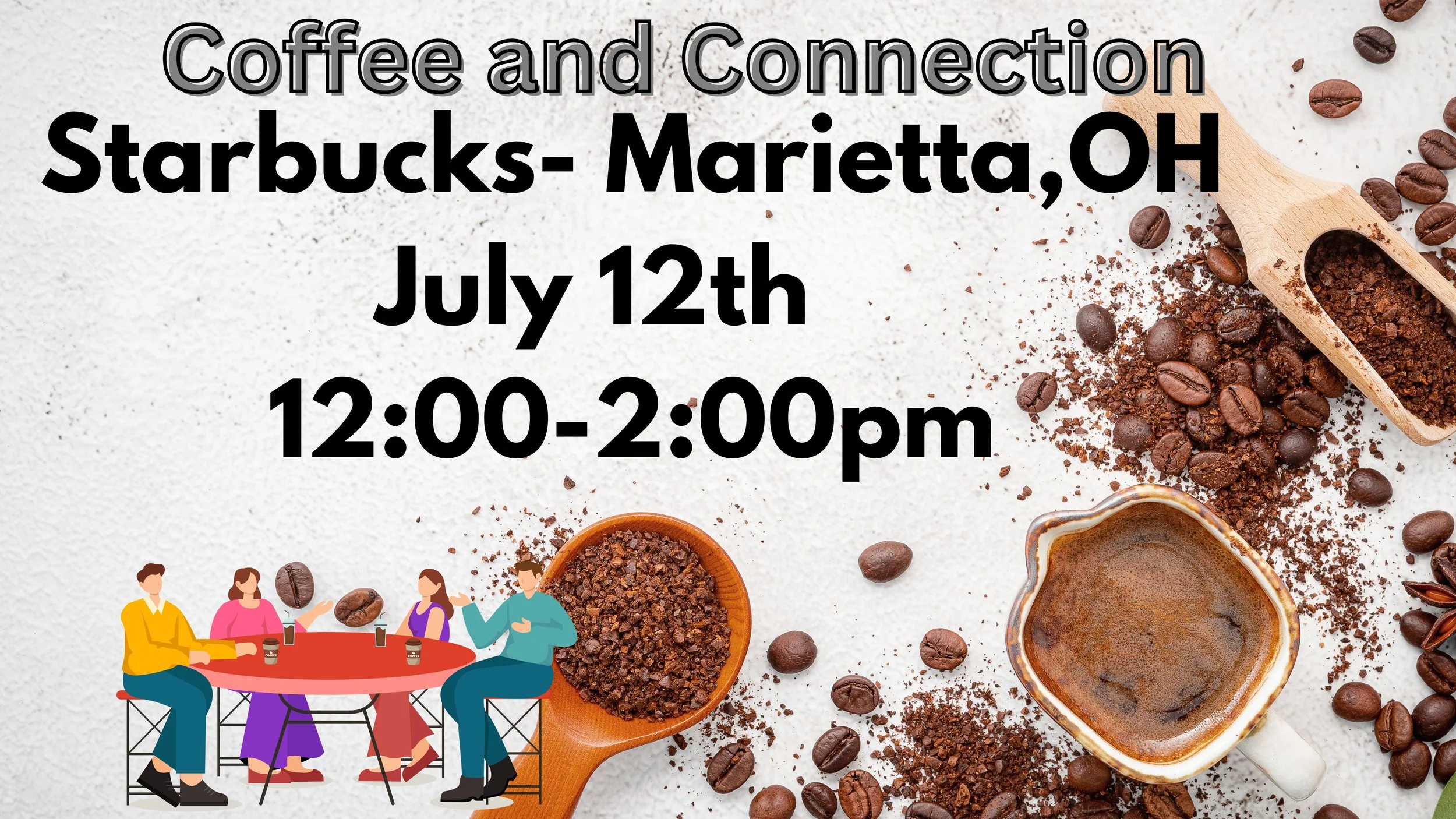 Flyer for a coffee meet-up event with the title 'Coffee and Connection'. It provides details about the event on Tuesday, February 3rd, from 6 to 8 pm at Starbucks in Vienna. The flyer features two takeout coffee cups and some scattered coffee beans on a brown background, along with a colorful logo of three puzzle pieces and the text 'UnPuzzled Parents Connect'.