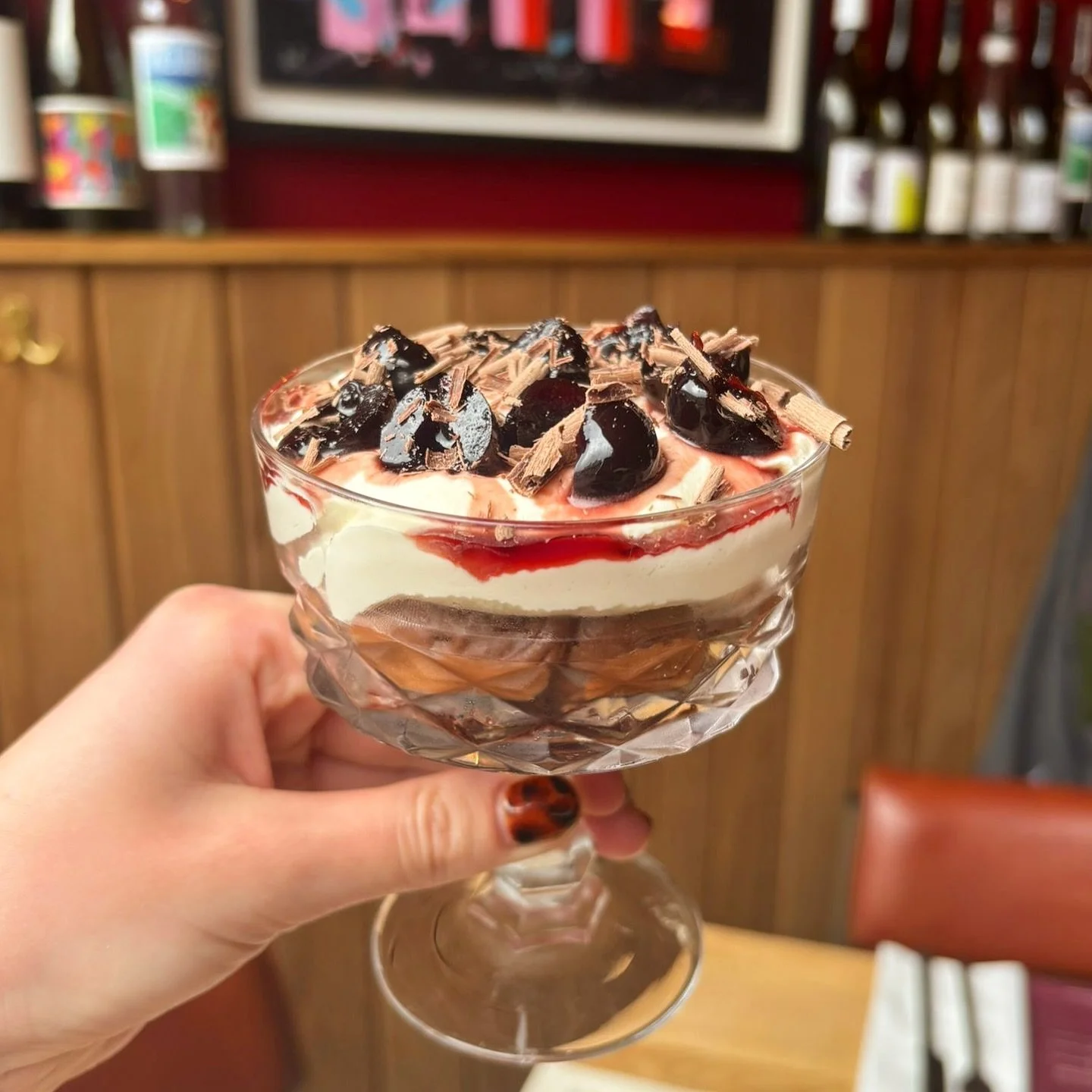 09.12.25. Mollies Black Forest trifle. Indulgent in the best possible way. We are fully booked tonight but have some space during the rest of the week and would love to see you all! 

#burencambridge #christmasincambridge #millroadcambridge #cambridg