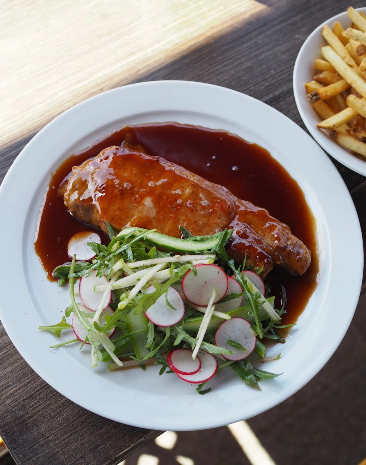 01.05.2026. Hello May, hello bourbon glazed pork chop. Served spring veg salad + fries. 

#burencambridge #millroadcambridge #cambridgeuk #cambridgefood