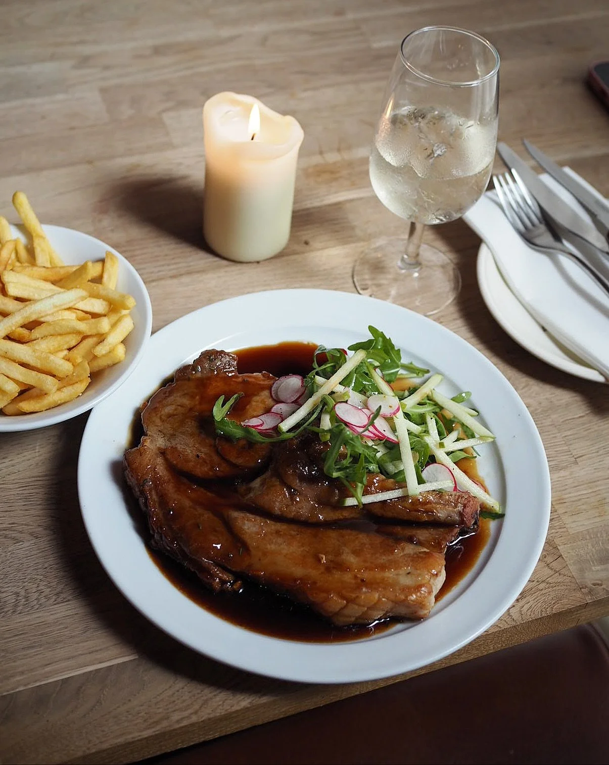 21.5.26. Same but different, always delicious. Teriyaki glazed pork chop, spring veg salad + fries. 

We have tables available for lunch this week. Walk-ins warmly welcomed. 

#burencambridge #millroadcambridge #cambridgeuk #cambridgefood