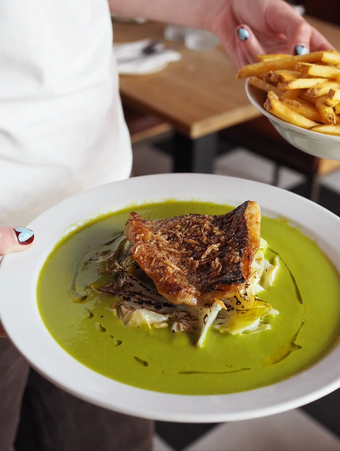 6.6.26. On the menu today: Pollock, charred Hispi, parsley + onion sauce with fries. 

#burencambridge #cambridgefood #cambridgeuk