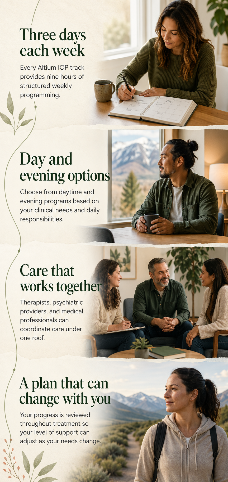 A promotional infographic with four sections. The first section shows a woman writing in a planner, with text about structured weekly programming. The second shows a man with a coffee, overlooking mountains, with text about day and evening options. The third depicts a group therapy session with a therapist, with text about coordinated care. The fourth features a woman outdoors with mountains in the background, with text about adaptable treatment plans.