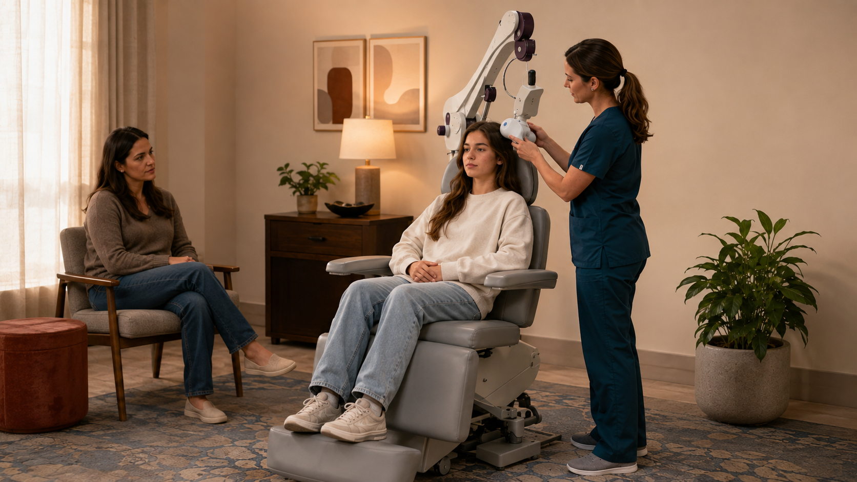 A woman is receiving a medical examination from a healthcare professional in a comfortable, warmly lit room. The woman is sitting in a specialized chair with her head resting on a headrest, while another woman sits nearby, observing and talking. The room has a potted plant, a lamp, and some framed artwork.