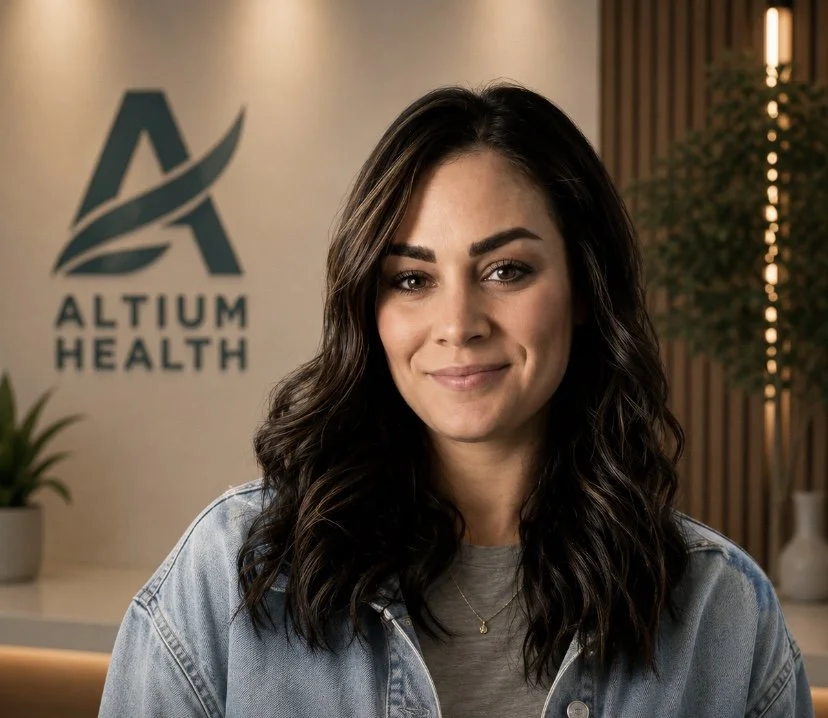A young woman with dark wavy hair smiling in an indoor setting with warm lighting.