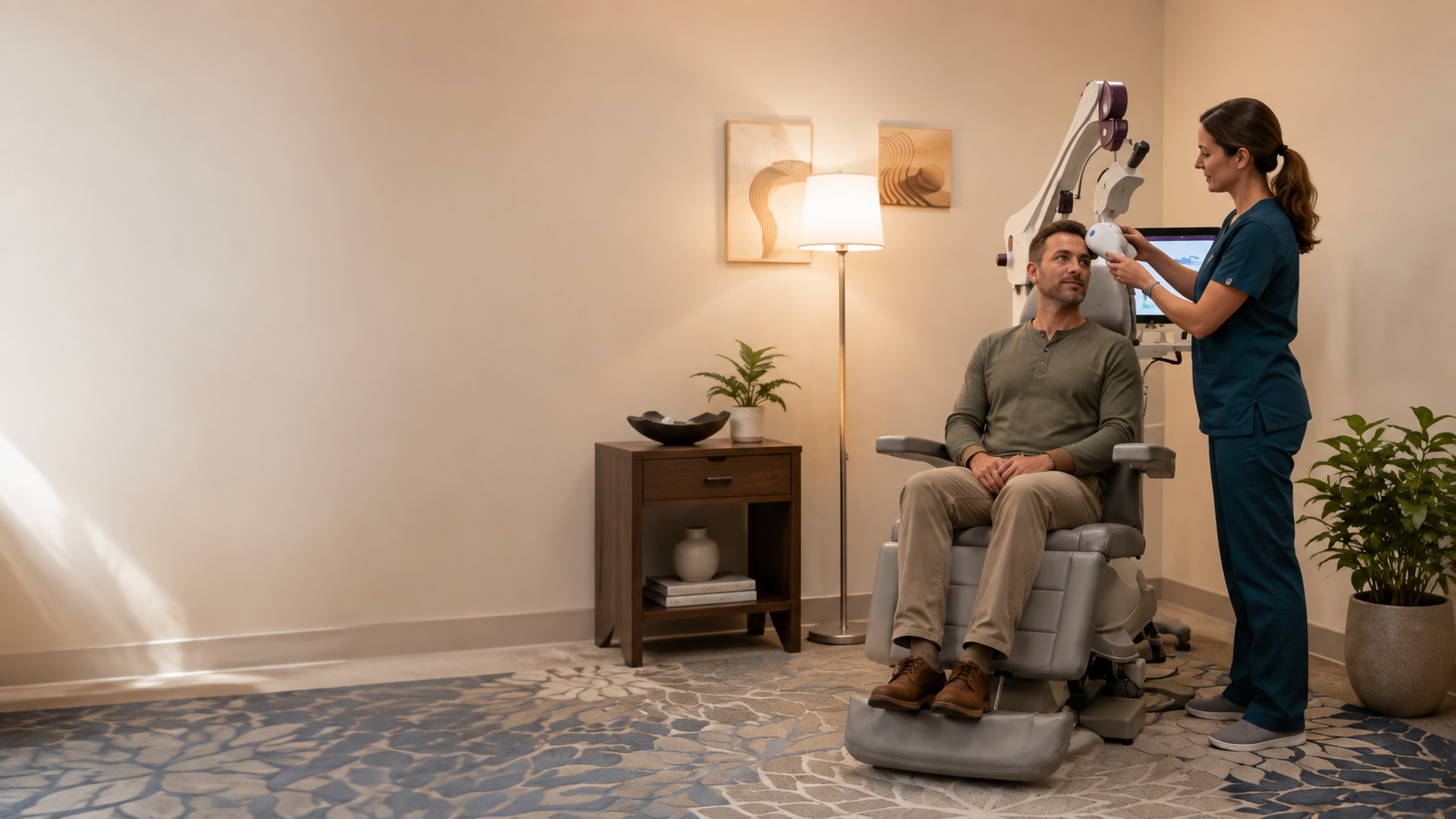 A man seated in a medical chair during a neurological exam with a healthcare professional operating a robotic device on his head in a clinical setting.