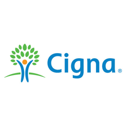 Cigna logo with a stylized tree featuring green leaves, a blue trunk, and an orange circle at the base of the leaves.