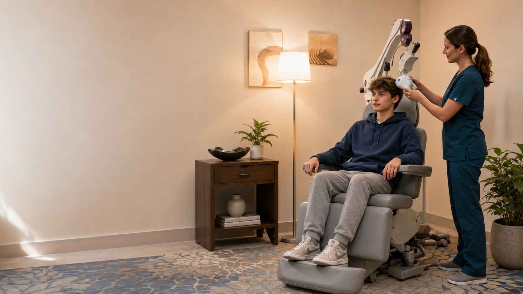 A young man in a hoodie and sweatpants sitting in a medical chair with a healthcare worker adjusting a mechanized device near his head in a clinic room decorated with wall art, a floor lamp, and potted plants.