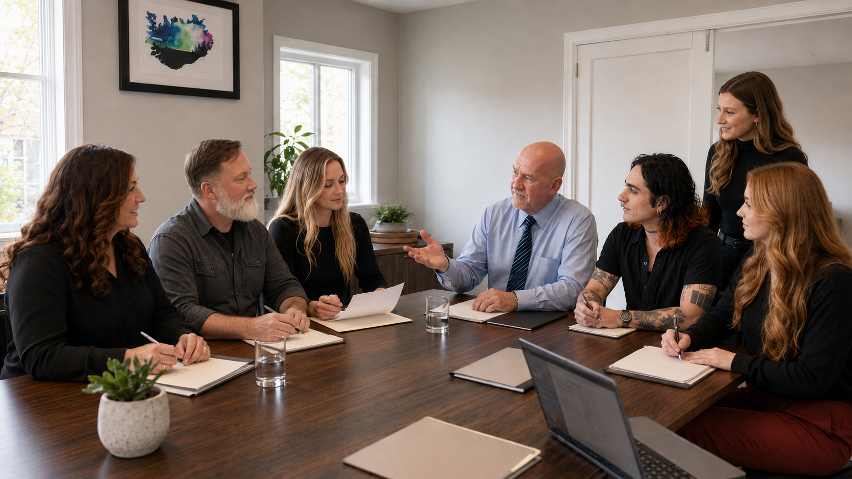 Business meeting with eight diverse people around a wooden conference table, some taking notes, engaging in discussion, in a well-lit room with artwork and plants.