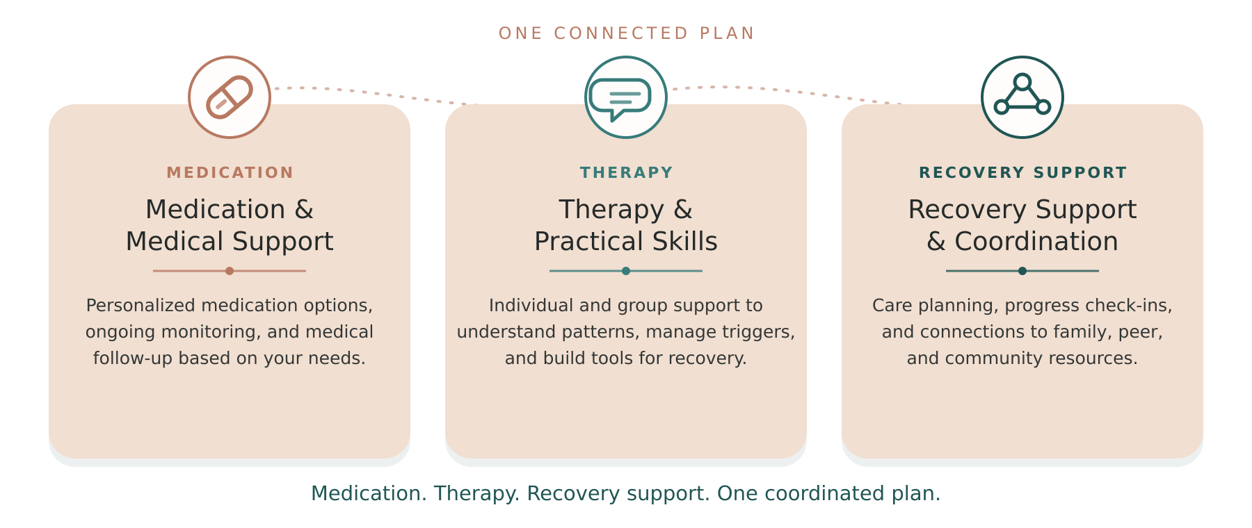 Infographic titled 'One Connected Plan' showing three interconnected sections: Medication with icon of a pill, Therapy with chat bubble icon, and Recovery Support with network icon. Descriptions detail personalized medication, group therapy, and community resources. Footer states 'Medication. Therapy. Recovery support. One coordinated plan.'