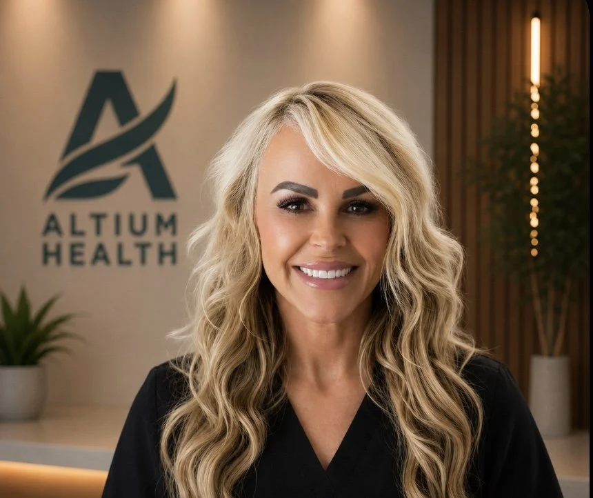 Portrait of a woman with curly dark hair, wearing purple scrubs and gold jewelry, smiling in an indoor setting.