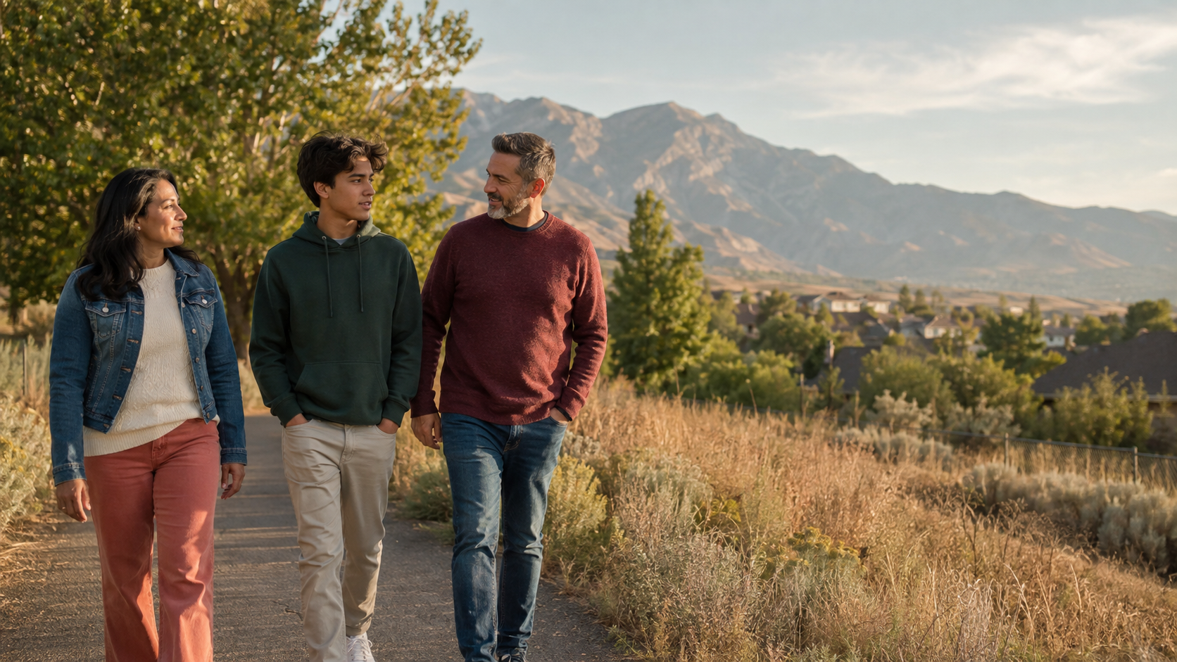 Four people walking along a pathway in a scenic outdoor setting with mountains in the background, trees, and grasses, during the daytime.