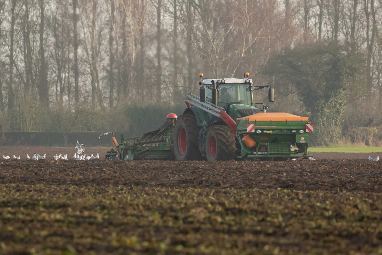 Fendt, 724, Vario tractor drilling a field in Cambridgeshire.