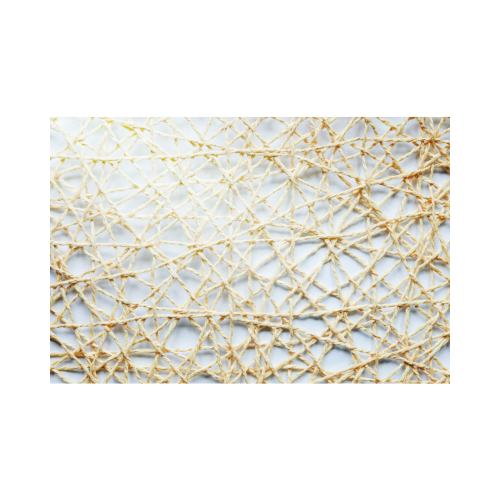 Close-up of a network of intertwined beige strings on a white background, creating a woven pattern.
