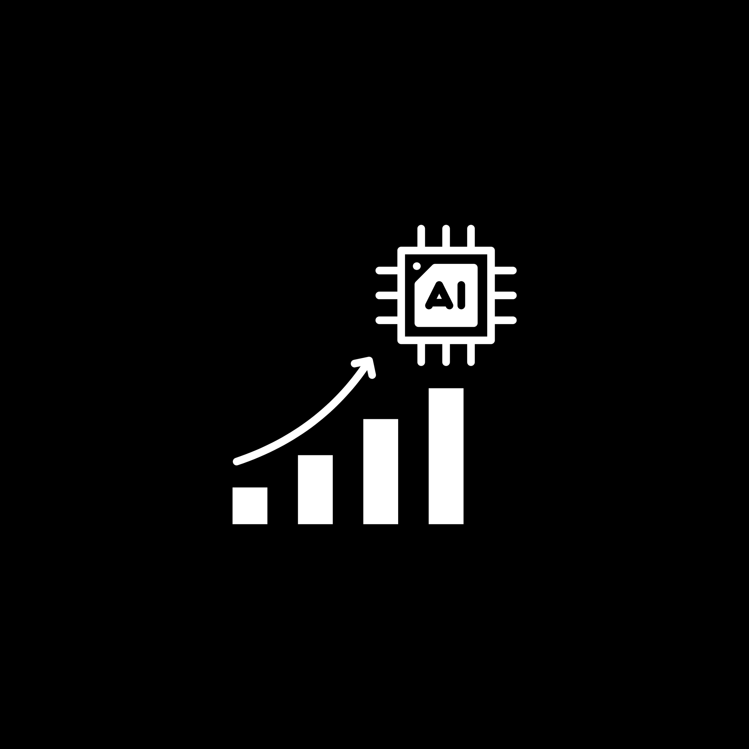 Gráfico de barras crescente com uma seta apontando para cima e um chip de inteligência artificial com a sigla 'AI' navegando acima.