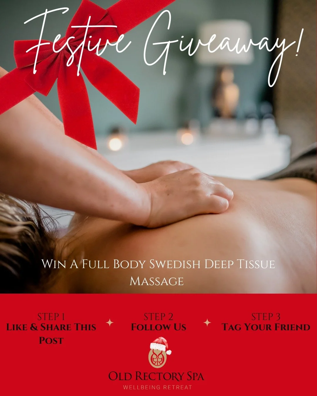FESTIVE GIVEAWAY! 🎁

Throughout December we are giving away FOUR of our most popular treatments - next up for grabs is a 55 minute Full Body Swedish Deep Tissue Massage worth &pound;65!

To enter, simply like &amp; share this post, make sure you&rsq