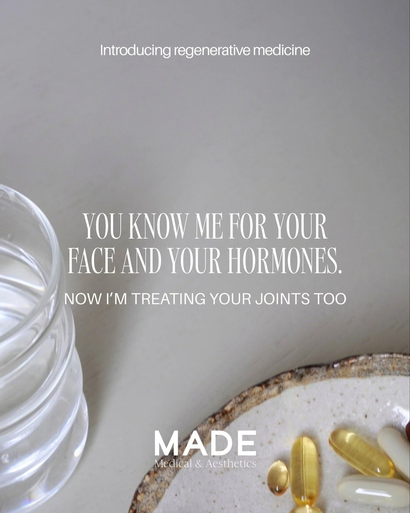 You know me for your face and your hormones. Now I&rsquo;m adding regenerative medicine to what I offer at MADE.

That means joint injections and systemic treatments designed to work with your body instead of masking what&rsquo;s going on. If you&rsq