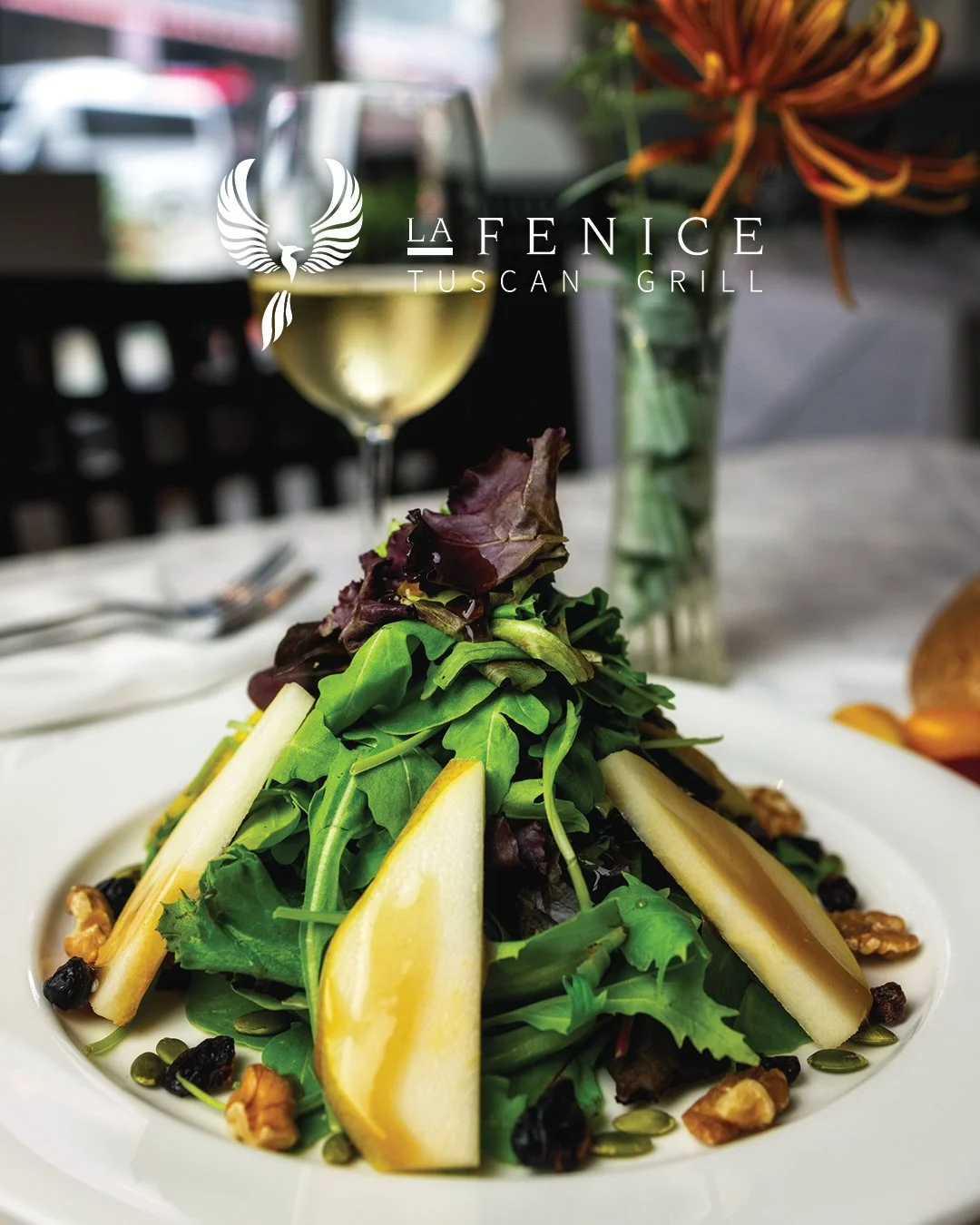 Pumpkin seeds &gt; Pumpkin spice.

The real taste of fall is on full display in our Arugula &amp; Pear salad. Peppery arugula, tart cranberries, and the warm crunch of walnuts are partnered with crisp pumpkin seeds showcasing iconic fall flavours. Fi
