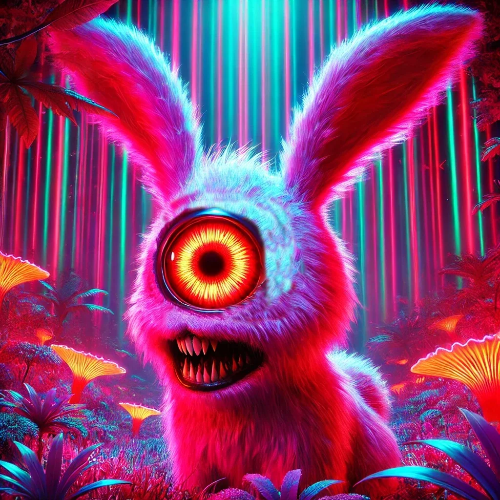 DALL·E 2024-10-11 23.46.05 - A hyperrealistic scene of a Psibunny, a cyclops bunny with bright neon pink fur and one single large, glowing red eye in the center of its forehead. Th.webp