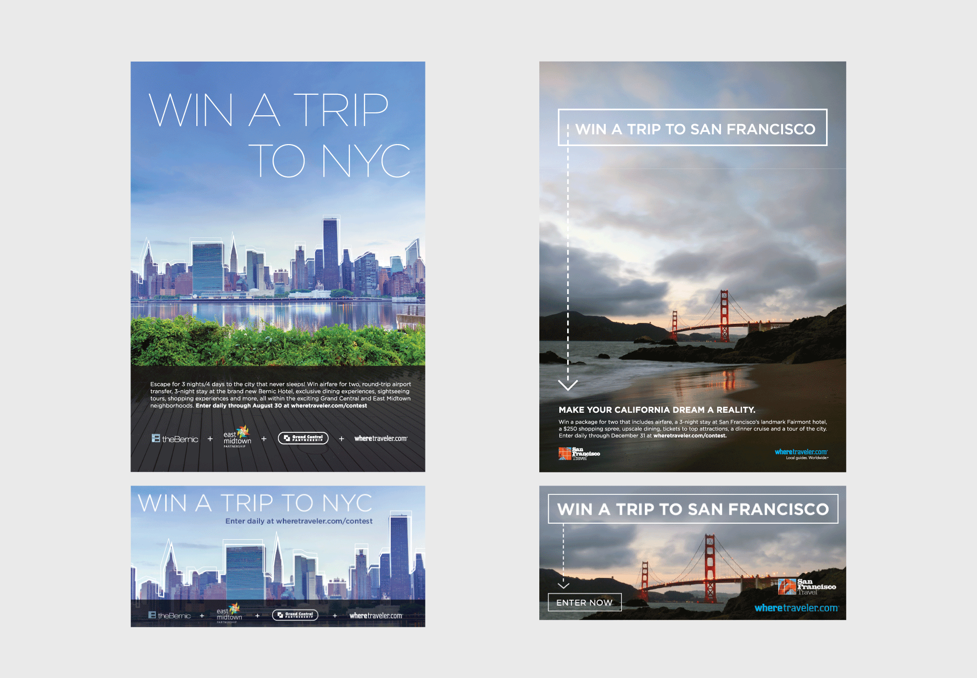 Ad design for a contest to win a trip to New York City or San Francisco. It features images of the New York City skyline and the Golden Gate Bridge, with details about the promotion and travel partners.